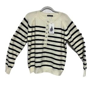 BTFBM Cream and Black Striped Women's Shiny Partial Button Front Sweater